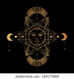 Vector illlustration of sun and moon - astronomy and astrology symbol with sacred geometry. Vintage, boho or gypsy style. Astrology and alchemy vibes.