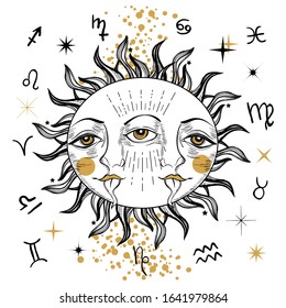 Vector illlustration of three eyed sun - astronomy and astrology symbol. Vintage, boho or gypsy style. Astrology and alchemy vibes. Funny and cute tattoo.