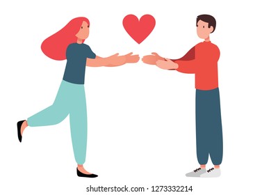 Vector illstration with couple with heart in hands. Illustration in simple style for Valentines Day.
