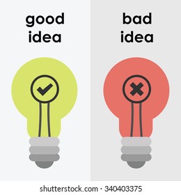 Vector Illstration For Good And Bad Idea With Green And Red Light Bulbs With Tick And Cross Symbols 