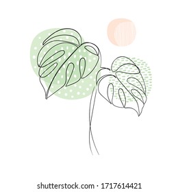 Ilustración vectorial de hojas de monstera dibujadas a mano con círculos de puntos polka abstractos, sol rayado rosa, arte de una línea, doodle, planta de contorno de esbozo aislada en fondo blanco