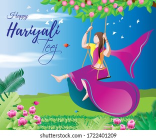 vector illsuatrtion of indian festival hariyali teej means green teej . married woman enjoy the festival with swing in monsoon on beautiful landscape backdrop.