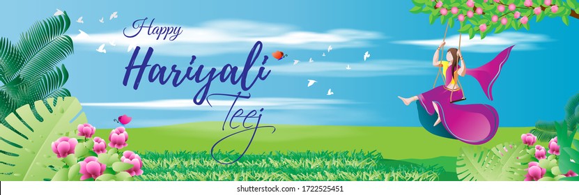 vector illsuatrtion of indian festival hariyali teej means green teej . married woman enjoy the festival with swing in monsoon on beautiful landscape backdrop.