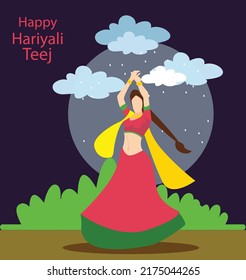 Vector illsuatrtion of indian festival hariyali teej means green teej. Illustration depicts Indian married woman sitting on the swing and enjoying the monsoon and beautiful nature`s beauty shown in th