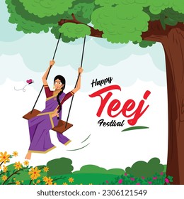 vector illsuatrtion of indian festival hariyali teej. Married woman enjoy swing in monsoon