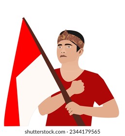 Vector illsutration of Cartoon of a male warrior holding the Indonesian flag, Celebrating independence day August 17