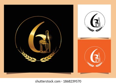 A vector Illsutration of Gold Glass and Bottle Beer Numeric 6