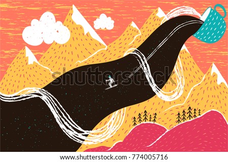 Vector illsutration with the skier who goes down the flow of coffee, tea or hot chocolate. Funny print design, winter greeting card, colored mountains landscape art