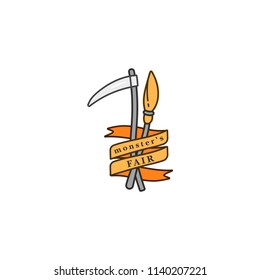 Vector illuatration broomstick and reaper with ribbon. Happy Halloween fair 