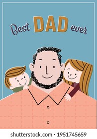 Ilustración vectorial de padre feliz e hijos. El niño y la niña están en los hombros de su papá con una gran sonrisa. Se puede usar para tarjetas de felicitación, afiches, banner web, portada, etc.