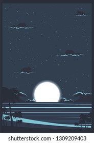 Vector Illuatration Of Night Starry Sky Over Ocean Beach, Vintage Poster