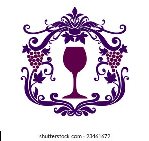 Vector Illuctration of Decorative frame with floral ornament , grape vine and wineglass