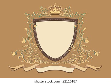 Vector Illuctration of Heraldic shield with floral Decorative ornament and crown on the top.