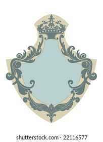 Vector Illuctration of Heraldic shield with floral Decorative ornament and crown on the top.