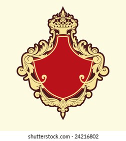 Vector Illuctration of Heraldic shield with floral Decorative ornament and crown on the top.