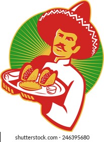 vector illuistration of a mexican chef wearing sombrero hat serving a plate full of taco burrito empanada set inside circle done in retro style.