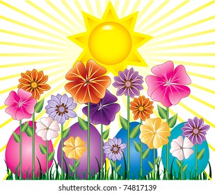 Vector illulstration of a Spring Day with Sunshine and Easter Egg Garden with grass.