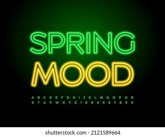 Vector illuminated banner Spring Mood. Green neon Font. Glowing Alphabet Letters and Numbers set