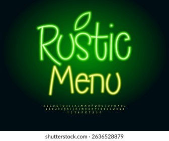 Vector Illuminated board Rustic Menu with decorative Leaf. Led Light Green Font. Glowing Alphabet Letters and  Numbers set