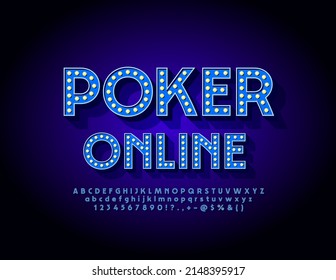 Vector illuminated emblem Poker Online. Glowing lighttube Font. Blue Lamp Alphabet Letters, Numbers an Symbols set