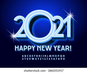 Vector illuminated greeting card Happy New Year 2021! Elegant Neon Font. Modern blue glowing Alphabet Letters and Numbers set