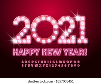 Vektorbeleuchtete Grußkarte Frohes Neujahr 2021! Rote Alphabet Buchstaben und Zahlen setzen. Elektrische Leuchtschrift