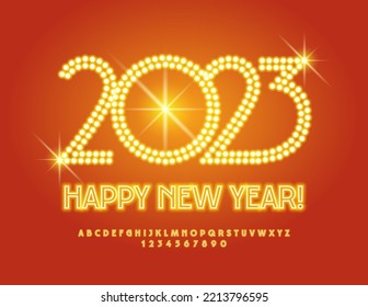 Vector illuminated Greeting Card Happy New Year 2023! Glowing Yellow Font. Elegant Neon Alphabet letters and Numbers.