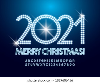 Vector Illuminated Greeting card Merry Christmas 2021! Elegant glowing Font. Blue Neon Alphabet Letters and Numbers set