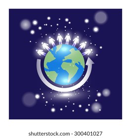 Vector illuminated image of globe with people on top and an arrow circling, surrounded by starts/bright lights 