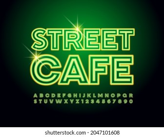 Vector illuminated logo Street Cafe. Neon light Font. Glowing Alphabet Letters and Numbers set