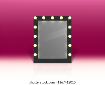 Vector illuminated mirror for makeup isolated on pink background. Shiny object for fashion model or theater actor. Light bulbs on black frame in dressing room, backstage.