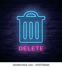 Vector illuminated neon light icon sign delete trash can