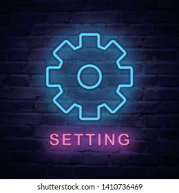 Vector illuminated neon light icon sign gear wheel setting