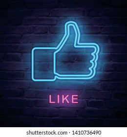 Vector illuminated neon light icon sign like thumb up