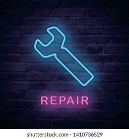 Vector illuminated neon light icon sign repair wrench