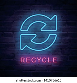Vector illuminated neon light icon sign round recycle arrow