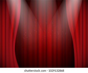 Vector illuminated red velvet open curtains in theatre or concert hall 