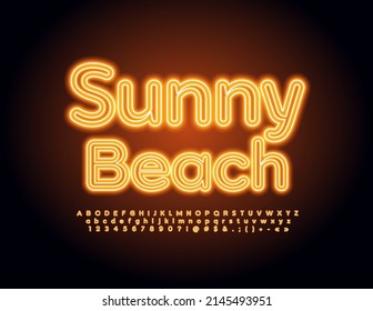 Vector illuminated sign Sunny Beach. Creative Neon Font. Glowing Alphabet Letters, Numbers nd Symbols set