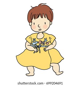 Vector illusion of innocent toddler learning to sit on floor. Isolated on white background.