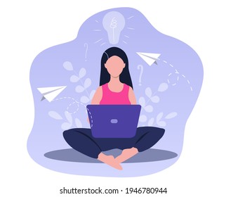 vector illusration - girl with laptop sitting on the floor. Freelance or studying concept. Cute illustration in flat style.