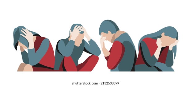 Vector illusration group of people, man and woman, holding head. Isolated on white backgroung.