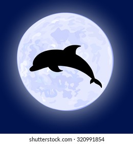 vector illusration of jumping dolphin on night sky with full moon on the background