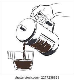 Vector illusration in line art style. The hand pours coffee into a cup from french-press. Brown, Grey, Black and White colours isolated on white