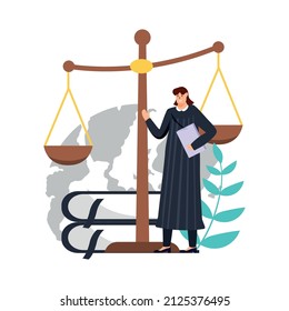 Vector illusration prosecutor with scale of justice world justice day background.