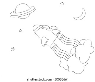 A vector illusration of a spaceship in space. Cartoon style children's activity sheet.