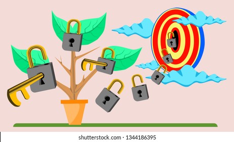 Vector illusration Unlocking,key image With unlocked trees ready to float to the target