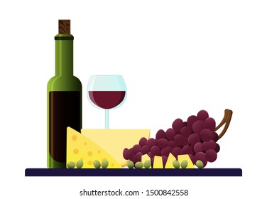Vector illusrtation of bottle red wine, wineglass, different kinds of cheese, red grape and olives. Vector elements for restourant, bar, liquor store. Design for wine festival and gastronomy tourism. 