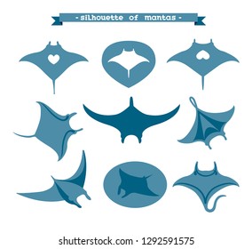 Vector illusrtation with design silhouette of manta ray on a white background. Set of underwater animal - mantas.