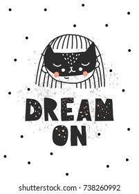 Vector illusrtation. Dream on. Scandinavian style art for kids. Poster for nursery room. Little girl portrait with mask