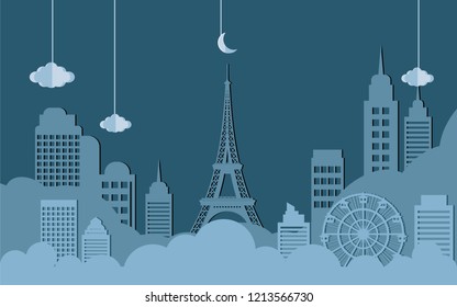 Vector and illusrtation paper art and craft Style of winter season greeting card with modern building city in cool tone color